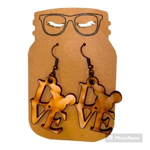 Mickey Mouse LOVE Valentines Day lightweight pierced hanging wooden earrings NEW